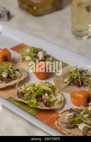 Nahaufnahme von Chalupas, typisches mexikanisches Gericht mit Tortillas, Sauce, Käse, Fleisch und Salat auf einer Platte. Stockfoto