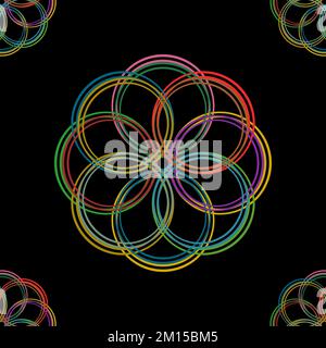 Leuchtend farbenfrohe Mandala. Symmetrisches Leuchtelement, isoliert auf schwarzem Hintergrund. Magisches Symbol. Stockfoto
