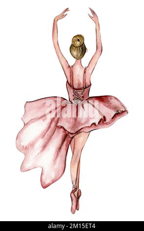 Aquarell-Tanzballerina in pinkfarbenem Kleid. Isolierte Tanzballerina. Handgezeichnete klassische Ballettaufführung, Pose. Junge, hübsche Ballerina-Frauen Stockfoto