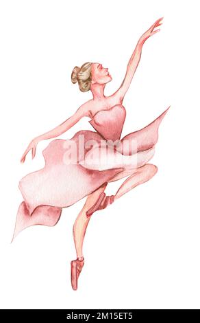 Aquarell-Tanzballerina in pinkfarbenem Kleid. Isolierte Tanzballerina. Handgezeichnete klassische Ballettaufführung, Pose. Junge, hübsche Ballerina-Frauen Stockfoto