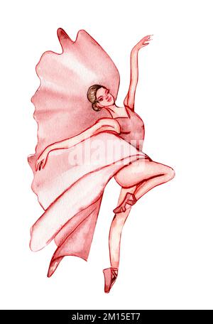 Aquarell-Tanzballerina in pinkfarbenem Kleid. Isolierte Tanzballerina. Handgezeichnete klassische Ballettaufführung, Pose. Junge, hübsche Ballerina-Frauen Stockfoto