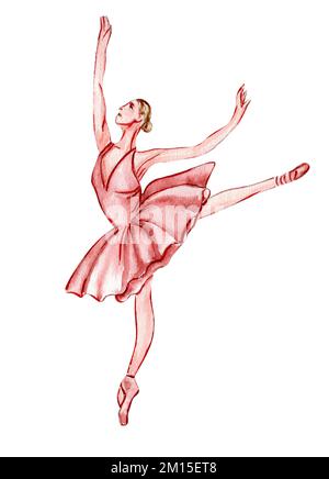 Aquarell-Tanzballerina in pinkfarbenem Kleid. Isolierte Tanzballerina. Handgezeichnete klassische Ballettaufführung, Pose. Junge, hübsche Ballerina-Frauen Stockfoto