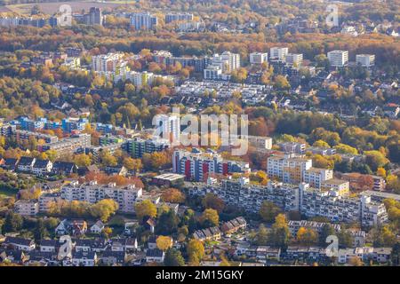 Blick aus der Vogelperspektive, Hochhäuser Markstraße und Studentenwohnheime mit bunten Herbstbäumen im Bezirk Querenburg in Bochum, Ruhrgebiet, Nordrhein Stockfoto