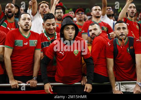 DOHA - Katar, 10/12/2022,DOHA - Unterstützer Marokkos während des FIFA-Weltmeisterschafts-Qatar-2022-Viertelfinalspiels zwischen Marokko und Portugal im Al Thumama-Stadion am 10. Dezember 2022 in Doha, Katar. ANP KOEN VAN WEEL Credit: ANP/Alamy Live News Stockfoto