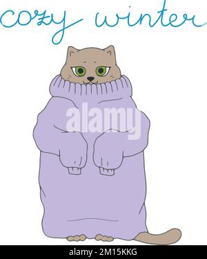 Süße Katze in warmem lila Pullover isoliert auf weißem Hintergrund mit handgezeichneter Phrase gemütlicher Winter. Winterthema Stock Vektor