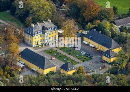 Luftaufnahme, Vergnügungspark Schloß Beck mit Fahrgeschäften im Stadtteil Kirchhellen-Nord-Ost in Bottrop, Ruhrgebiet, Nordrhein-Westfalen, Germ Stockfoto