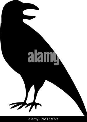 Schwarze Krähensilhouette isoliert auf weißem Hintergrund. Schwarzer Vogel. Raven isoliert. Handgezeichnete Vektorgrafiken Stock Vektor