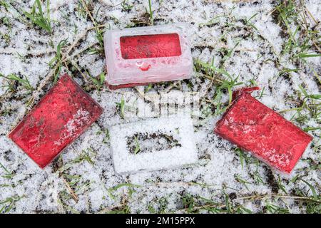 Gebrauchte und jetzt verbrauchte farbige Schafsknochen, die dazu verwendet wurden, anzugeben, welche Mutterschafe beim Stillen waren. Das Kunststoffgehäuse passt in den Kabelbaum des Zylinders. Stockfoto