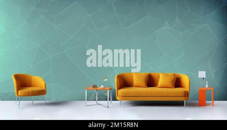 Komfortabler orangefarbener Sessel und Sofa in der Nähe von Tischen mit Dekorationen an grünen Wänden mit abstrakten geometrischen Ornamenten im modernen Wohnzimmer Stockfoto