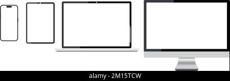 Ein Satz realistischer Computer-Laptop-Smartphones mit transparentem Bildschirm. Vorlage für Tablet-Gadget, Modell für Mobilgeräte von Gruppen-PCs. Ich telefoniere mit dem iPad Stock Vektor