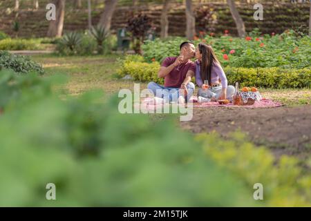 Liebenswertes hispanisches Paar in legerer Kleidung küsst sich, während es ein romantisches Picknick auf der Wiese im Park macht Stockfoto