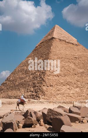 Seitenansicht eines nicht wiedererkennbaren Beduinen-Kamels in der Nähe der antiken malerischen Großen Pyramide von Gizeh an einem sonnigen Tag in der Wüste in Ägypten Stockfoto