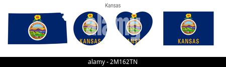 Symbolgruppe für Kansas-Flaggen. Amerikanische Staatswölfe in offiziellen Farben und Proportionen. Rechteckig, kartenförmig, kreisförmig und herzförmig. Flache Abbildung i Stockfoto