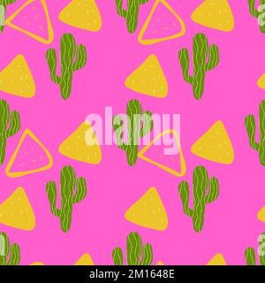 Nahtloses Muster mit mexikanischen Nachos und Kaktusfoto auf pinkfarbenem Hintergrund Stock Vektor