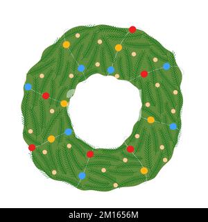 Weihnachtlich dekorativer festlicher Kranz mit Tannenzweigen und heller Girlande, Zeichentrickfilm-Vektorgrafik, Festtagskranz für Grußkarte, Poster, traditionelles, saisonales Dekor Stock Vektor