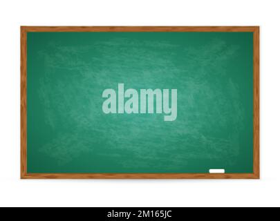 Tafel für Hintergrund. Realistisch grüne Tafel mit Holzrahmen isoliert auf weißem Hintergrund. Dreckiges Brett abgerieben. Leere Schultafel Stock Vektor