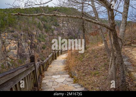 Ausblicke rund um die Tallulah Falls, nordöstlich von Atlanta, Habersham, Rabun County. Es handelt sich um eine Reihe von 6 Wasserfällen, die durch die antike Tallulah Gorge stürzen Stockfoto