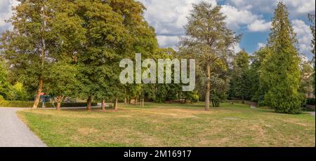 Panorama eines öffentlichen Parks mit alten Bäumen in süddeutschland im Spätsommer mit Dürrespuren auf dem Rasen Stockfoto