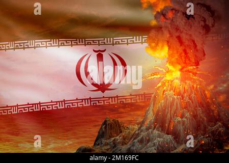 Die Explosion des Stratovulkans in der Nacht mit Explosion auf dem Hintergrund der iranischen Flagge, Probleme aufgrund von Katastrophen und Vulkanasche - 3D-Darstellung Stockfoto