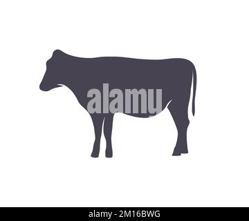 Kuhsilhouette, Nutztiere. Logo mit Tierdesign. Nutztier, Hausrinder ausgewachsen. Fütterung von Rindern auf Ackerland. Stock Vektor