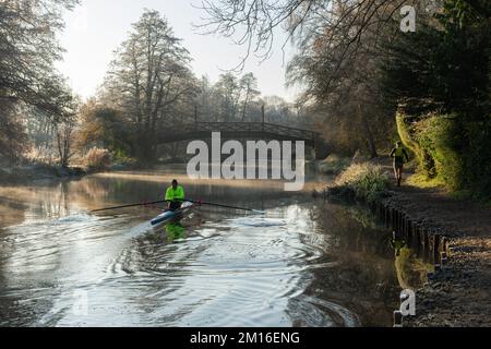 Ein einzelnes Segelboot vom Guildford Rowing Club auf dem Fluss Wey an einem kalten, frostigen Wintermorgen, Surrey, England, Großbritannien, und eine Jogginghose. 10.. Dezember 2022 Stockfoto