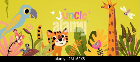 Horizontales Cartoon-Banner im Dschungel mit niedlichen Löwen, Giraffen und Papageien. Leuchtende, lebendige Farben. Tropische Blätter, Pflanzen und Blumen Stock Vektor