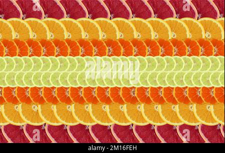 Hintergrund mit Zitrusscheiben (Zitrone, Mandarine, Orange und Grapefruit). Zitruskonzepte. Abstraktes Hintergrundbild. Stockfoto