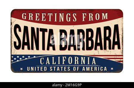 Grußwort von Santa Barbara aus rostigem Metall im Vintage-Stil auf weißem Hintergrund, Vektorbild Stock Vektor