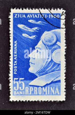 Von Rumänien gedruckter Stempel mit der MiG-17 von Mikoyan und Gurevich, ca. 1960. Stockfoto