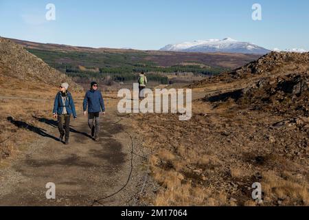 Man sieht Menschen beim Wandern entlang der Pfade des geothermischen Parks Haukadalur. Die geothermische Region in der Nähe des Flusses Hvitá und der Stadt Reykjavík beherbergt den geothermischen Park Haukadalur. Hier befindet sich Strokkur, einer der berühmtesten Geysire Islands, der im Durchschnitt alle 4 bis 8 Minuten ausbricht, mit einer durchschnittlichen Höhe von 15 bis 20 Metern, manchmal bis zu 40 Meter. Im Park gibt es mehrere geothermische Merkmale wie Schlammbecken, Fumarolen, Algenablagerungen und andere Geysire daneben und um ihn herum. Stockfoto