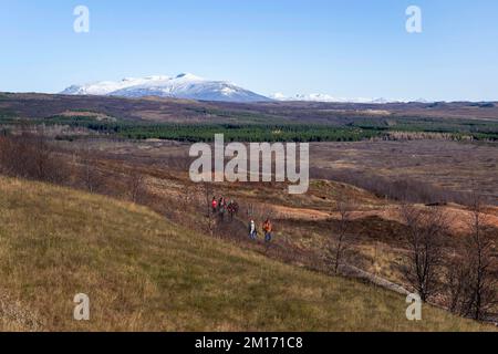 Reikiavik, Island. 21.. Okt. 2022. Allgemeiner Blick auf den geothermischen Park Haukadalur, die geothermische Region in der Nähe des Flusses HvitÃ und die Stadt ReykjavÃ-k ist die Heimat des geothermischen Parks Haukadalur. Hier befindet sich Strokkur, einer der berühmtesten Geysire Islands, der im Durchschnitt alle 4 bis 8 Minuten ausbricht, mit einer durchschnittlichen Höhe von 15 bis 20 Metern, manchmal bis zu 40 Meter. Im Park gibt es mehrere geothermische Merkmale wie Schlammbecken, Fumarolen, Algenablagerungen und andere Geysire daneben und um ihn herum. (Kreditbild: © Jorge Castellanos/SOPA Images via ZUMA Press Wire) Stockfoto