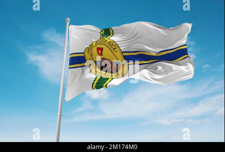 Offizielle Flagge von Little Rock, Arkansas Unbanden Staaten von Amerika bei bewölktem Himmel Hintergrund bei Sonnenuntergang, Panoramablick. USA Reisen und patriotische Konzept. Co Stockfoto