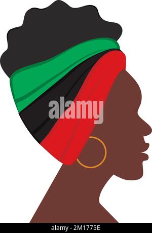 Profil einer afroamerikanischen Frau mit Stirnband in traditionellen afrikanischen Farbtönen. Aufkleber. Symbol. Isolieren. Geeignet für Buchstaben, Banner, Poster, Karten, Einladungen oder Grußkarten, Etikett und Preisschild. Vektor. EPS Stock Vektor