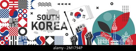 Banner für den Südkoreanischen Nationaltag für den Unabhängigkeitstag mit abstraktem Design und geometrischem Hintergrund in Flaggenfarbe. Stock Vektor