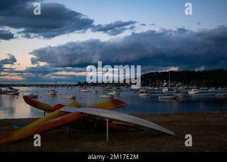 Ein Strand in der Dämmerung mit Segelbooten und wunderschönen Wolken. Ein Rotschwanz-Hawk-Porträt, High Definition. Ein Weißkopfseeadler im Flug macht sich bereit für die Jagd. Stockfoto