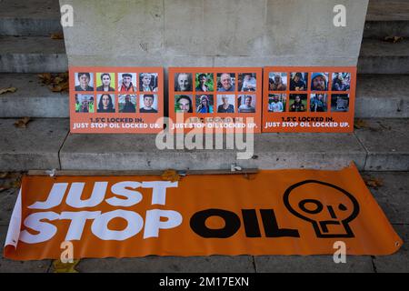 London, Großbritannien. 10.. Dezember 2022. Schilder, die Bilder von Klimaschutzaktivisten von Just Stop Oil zeigen, die für ihre Rolle bei Klimaprotesten inhaftiert sind, sind auf dem Parliament Square ausgestellt. Im Jahr 2022 wurden im Vereinigten Königreich mehr als 100 Demonstranten inhaftiert, und über 20 Klimaschutzaktivisten sind immer noch inhaftiert. Just Stop Oil Proteste haben die britische Regierung aufgefordert, alle neuen Öl- und Gaslizenzen und Genehmigungen zu stoppen. Kredit: Mark Kerrison/Alamy Live News Stockfoto