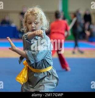 Vilnius, Litauen. 10.. Dezember 2022. Ein Athlet tritt am 10. Dezember 2022 bei der litauischen Wushu (Kung Fu)-Meisterschaft 8. in Vilnius, Litauen, an. Die litauische Wushu (Kung Fu)-Meisterschaft 8. begann am 10. Dezember und lockte fast 100 Teilnehmer aus Litauen, Polen, Estland, Indien und anderen Ländern an. Kredit: Alfredas Pliadis/Xinhua/Alamy Live News Stockfoto