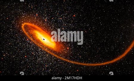 Schwarzes Loch, das einen Stern isst. Kosmische Landschaft und riesiger Planet zerstört. Großes supermassives schwarzes Loch. Digital optimiert. Bildelemente der NASA Stockfoto