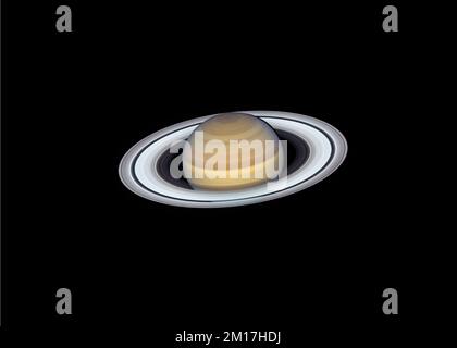 Der Planet Saturn sah durch ein Teleskop, dessen Ringe deutlich zu sehen waren. Digital optimiert. Elemente dieses Bildes, bereitgestellt von der NASA. Stockfoto