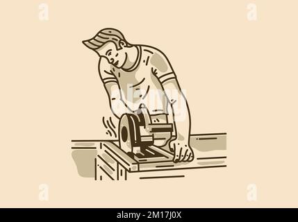 Vintage-Kunstdesign, bei dem man Holz mit einer Kettensäge sägt Stock Vektor