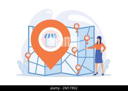 Expansion kleiner Unternehmen. Franchise-Entwicklung, Vermögensverwaltung, Globalisierungsidee. Marktführerschaft. Erfolgreiche Eröffnung der Filiale des Restaurants. Flach Stock Vektor