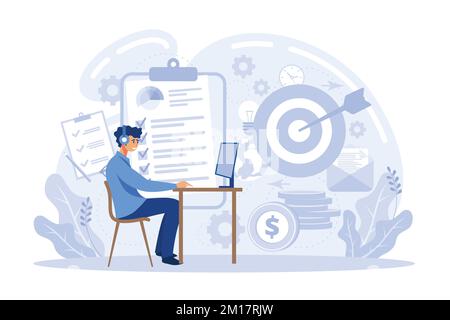Brainstorming von Geschäftsleuten, Lösungssuche. Geschäftsstrategie. Vision Statement, Business Mission, Mission des Unternehmens, Business Planning Concept. Flach Stock Vektor