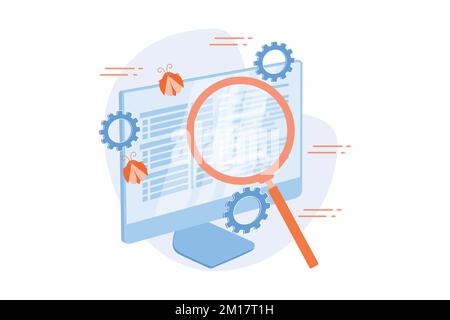 Fehlerbehebung und Softwaretests. Computer-Virus-Suchwerkzeug. DevOps, Web-Optimierung, Antivirus-App. Lupe, Zahnrad und Monitor Design elemen Stock Vektor