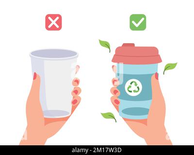 Weibliche Hände halten Einwegbecher und wiederverwendbare Kaffeetassen. Veranschaulichung des Konzepts „Null Verschwendung Nachhaltiger Lebensstil, kein Kunststoff, ökologisches Konzept. Vect Stock Vektor