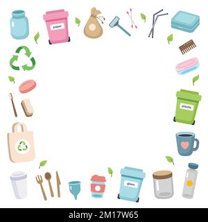 Null-Abfall-Konzept. Verschiedene Elemente des bewussten Konsums bilden einen quadratischen Rahmen. Nachhaltiger Lebensstil, ökologisches Konzept. Vektor-Illustration in flachem Cartoon-Stil Stock Vektor