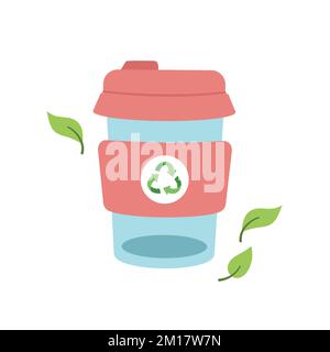 Wiederverwendbare Kaffeetasse. Nachhaltiger Lebensstil, keine Abfälle, ökologisches Konzept. Vektordarstellung im Cartoon-Stil. Recycling, Abfallwirtschaft, Ökologie, Nachhaltigkeit. Stock Vektor