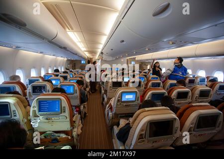 Passagiere auf einem internationalen Flug, die einen Flug mit einem tv-Monitor beobachten Stockfoto