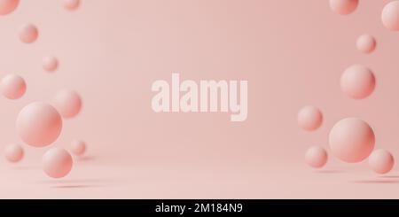 Hintergrund für Produktplatzierung. Bild für die Präsentation von Produkten. Kugeln oder Bälle auf pinkfarbenem Pastellhintergrund mit leerem Platz. Szene-Modell-Show Stockfoto