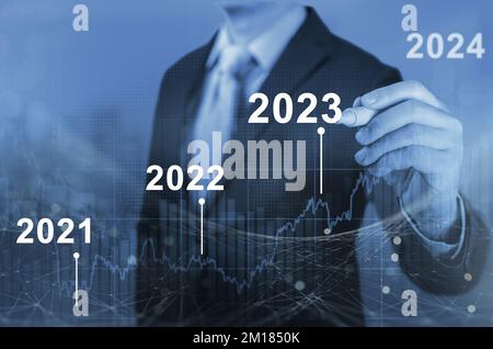 Entwicklung eines erfolgreichen Wirtschaftswachstums in den Jahren 2022, 2023-2024. Prognoseanalyse für Geschäftsleute planen Gewinndiagramm mit Stift und Erhöhung der Position Stockfoto