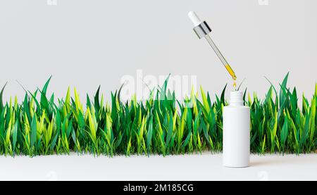Kosmetikserumflasche mit Tropfenmodell auf grünem Grashintergrund. Tropfflaschenmodell aus Kunststoff mit Kosmetikprodukt. Öl, Kollagen und hya Stockfoto